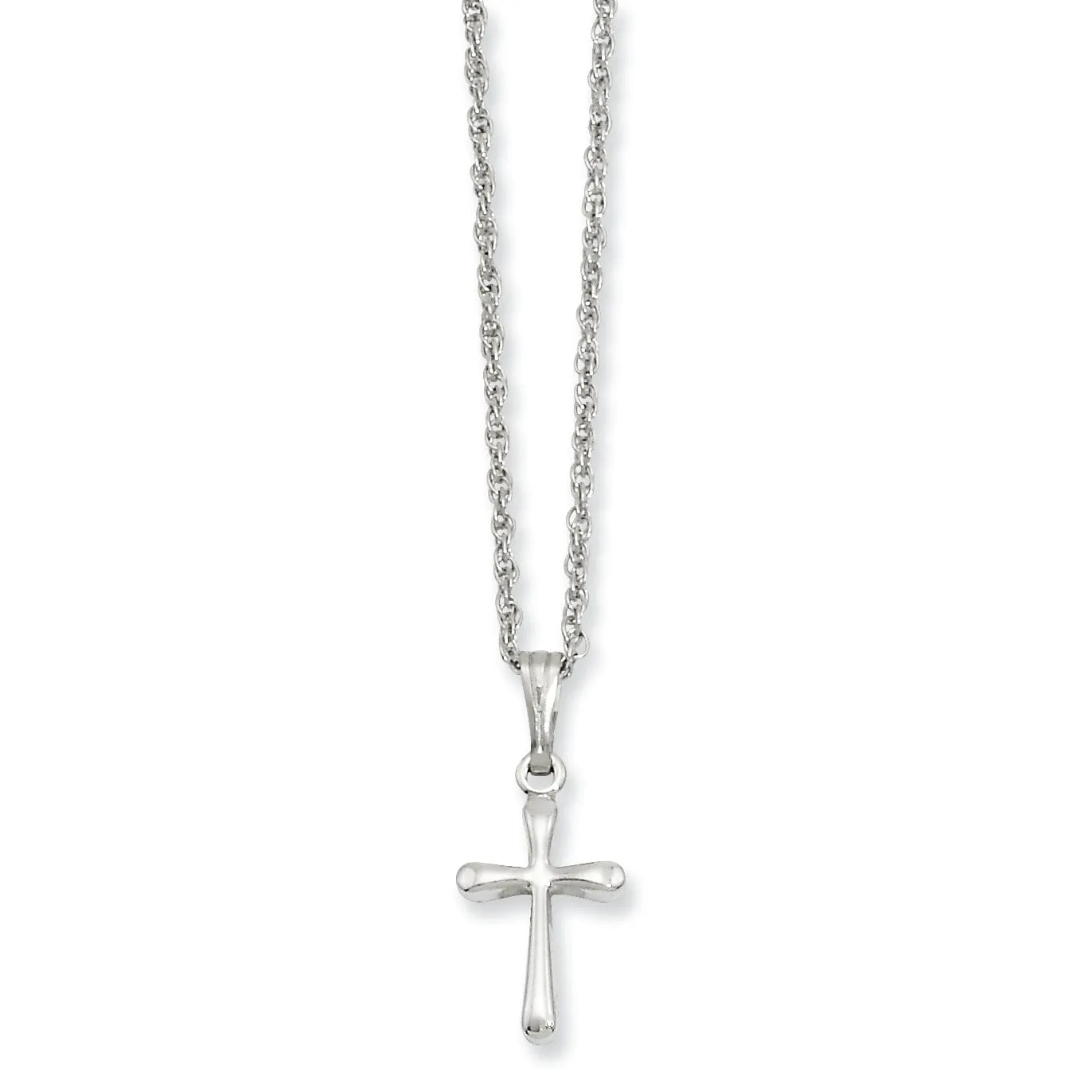 Rhodium Plated Small Plain Rounded Cross Necklace