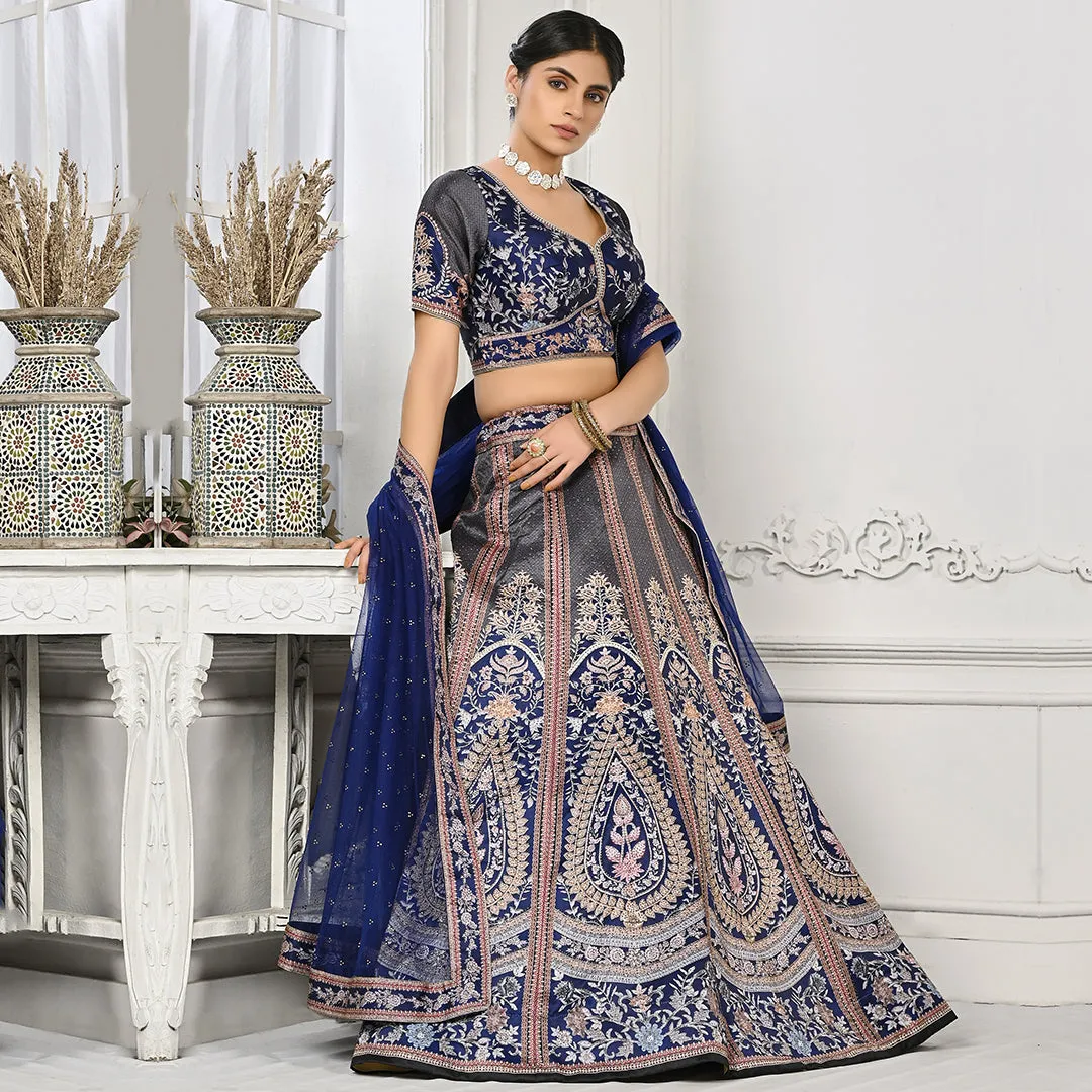 Royal Blue and Grey Lehenga Set