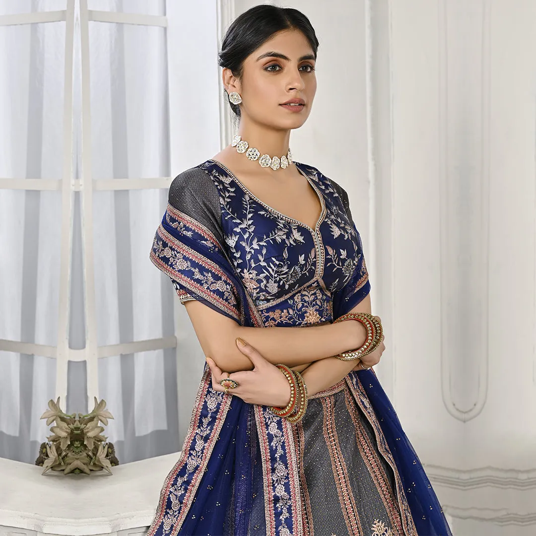 Royal Blue and Grey Lehenga Set