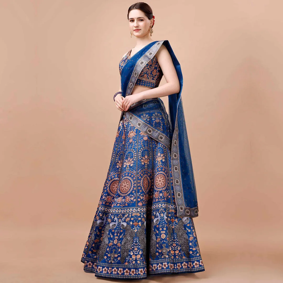 Royal Blue Peacock Printed Lehenga Set