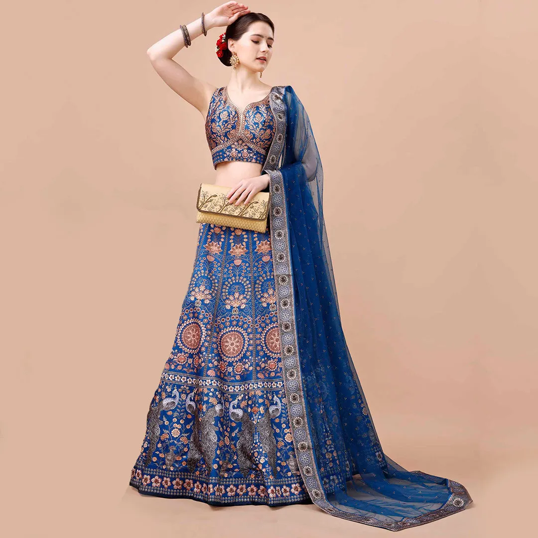 Royal Blue Peacock Printed Lehenga Set