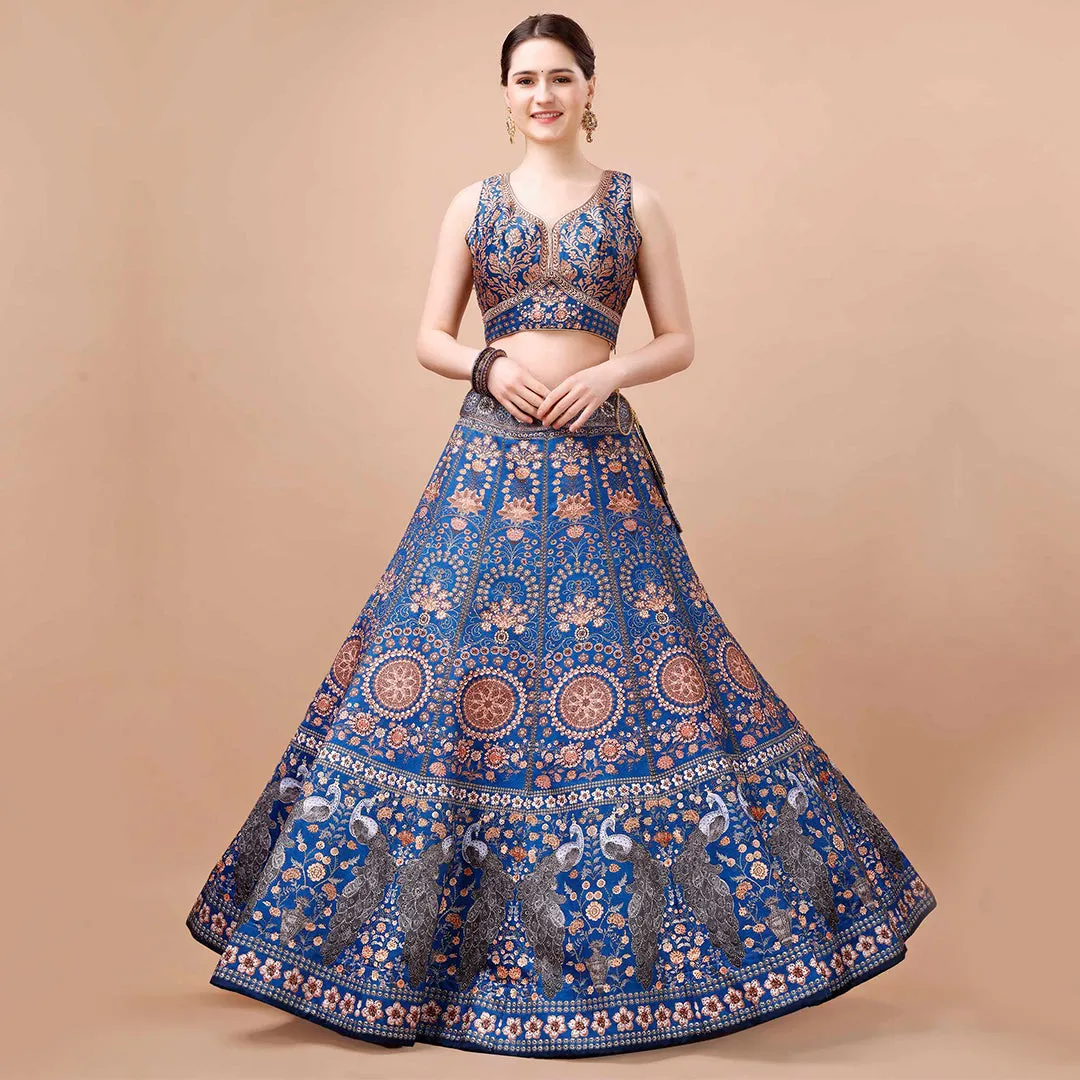 Royal Blue Peacock Printed Lehenga Set