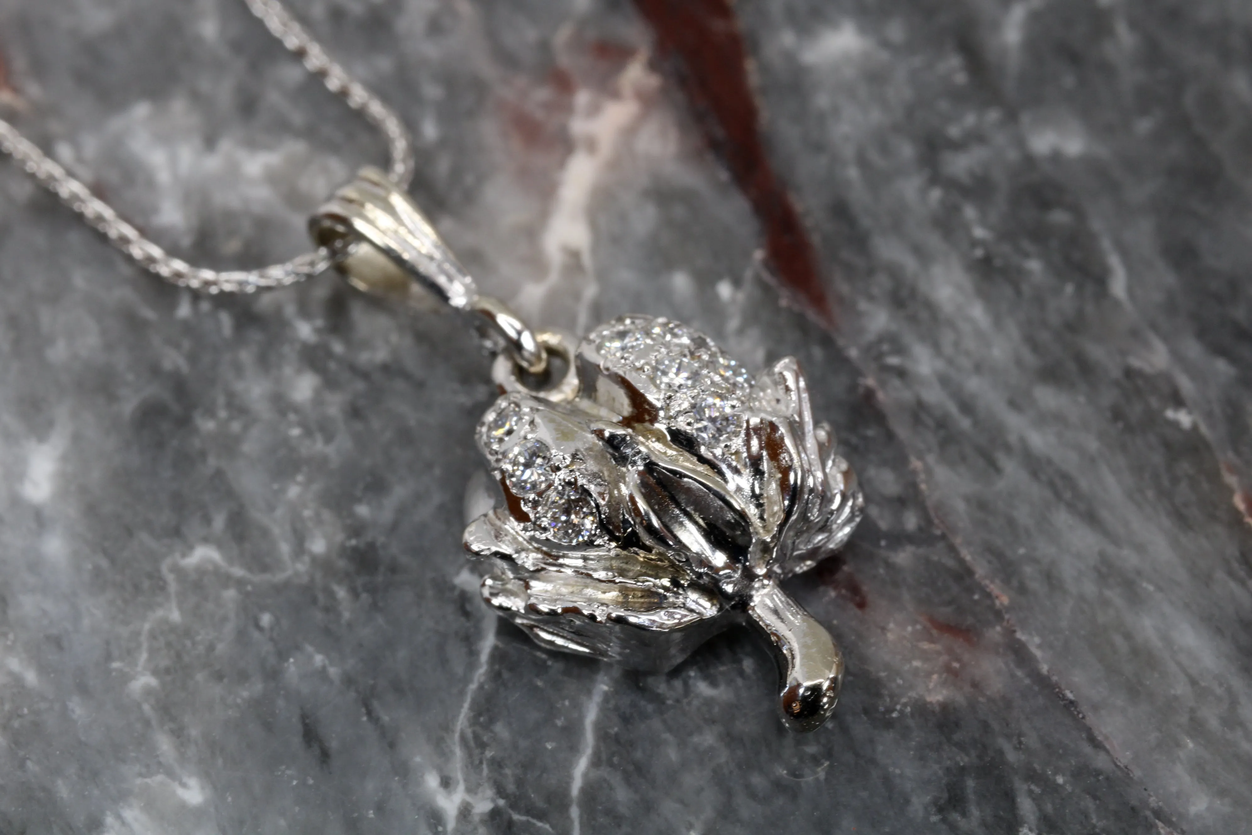 Set of Diamond Cotton Boll Necklace and Earrings in White Gold