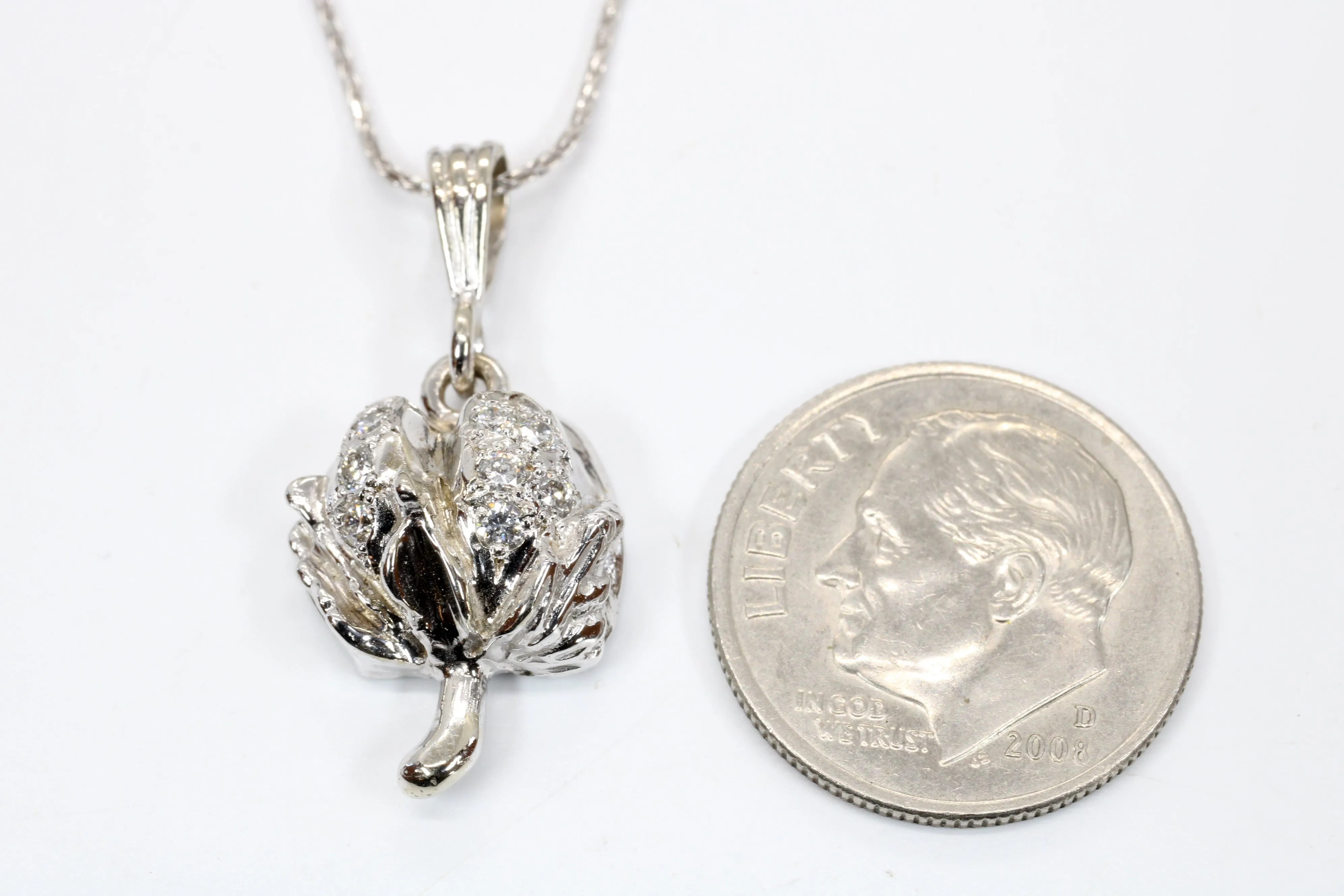 Set of Diamond Cotton Boll Necklace and Earrings in White Gold