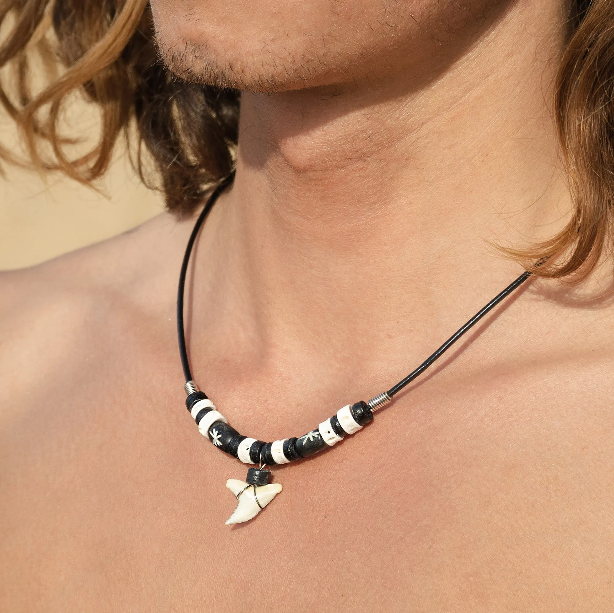 Shark tooth necklace leather choker bone star carving c207