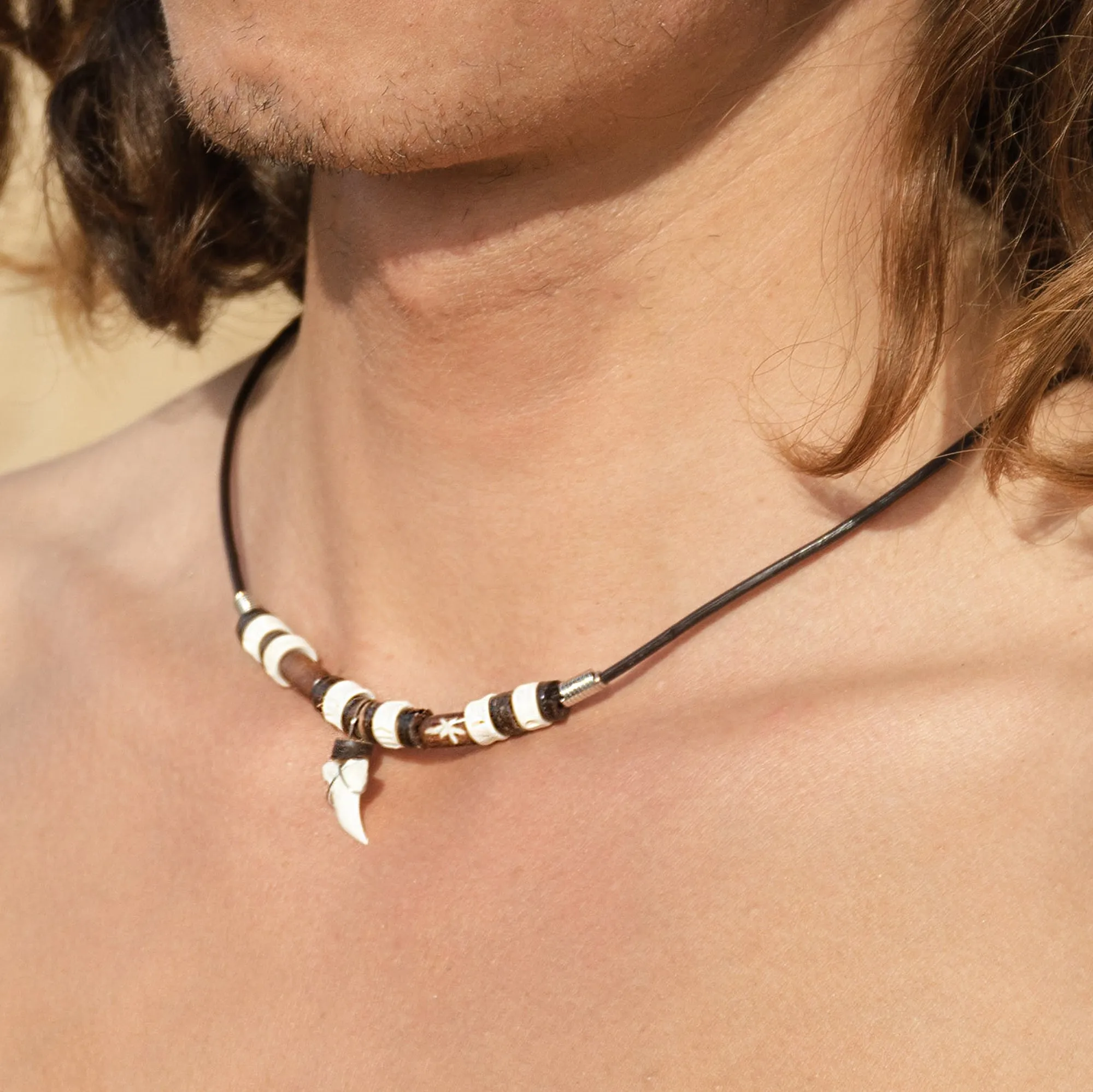 Shark's teeth necklace leather choker bone star carving c208