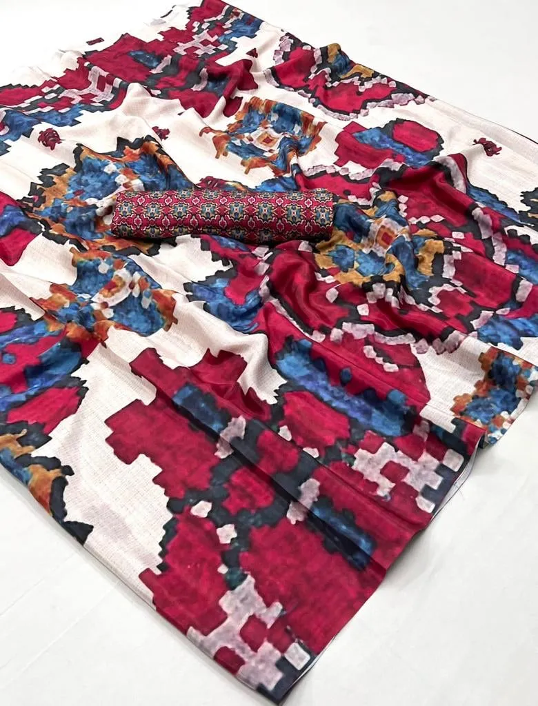 Silk Crepe Digital Print Red White Saree
