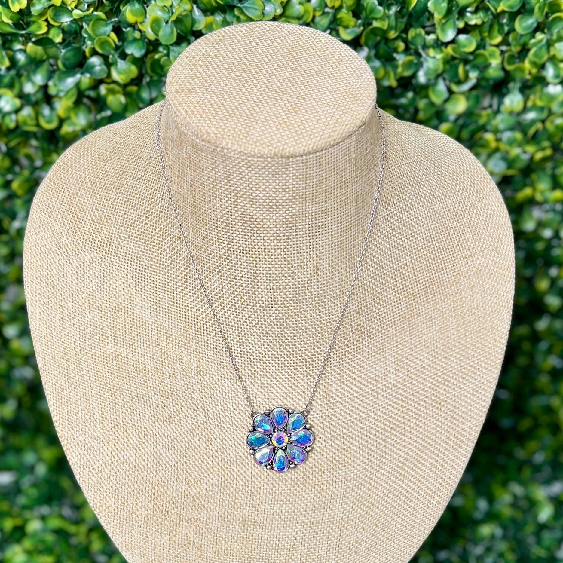 Silver Flower Necklace with Iridescent Stones