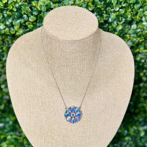 Silver Flower Necklace with Iridescent Stones