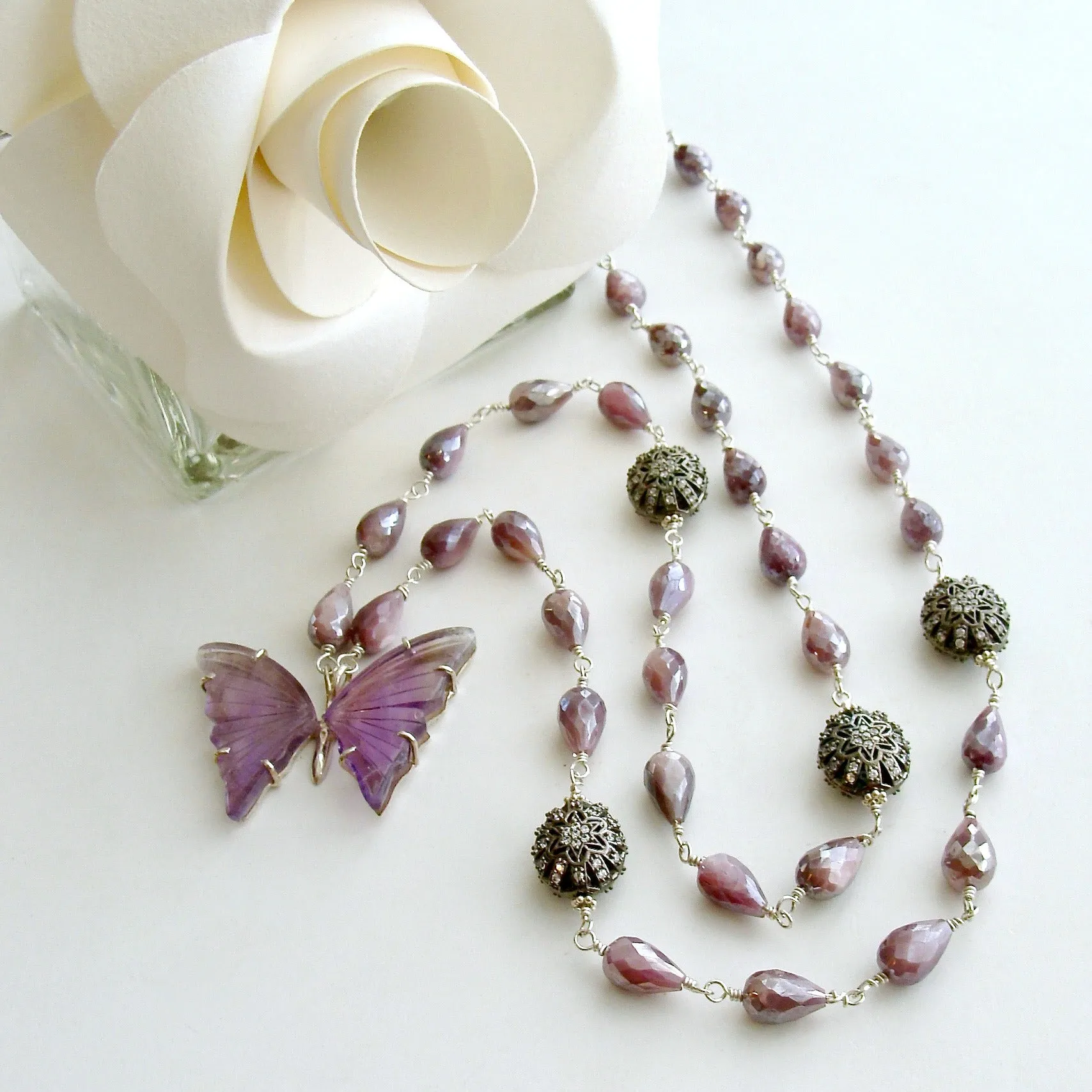Silverite White Topaz Amethyst Butterfly Necklace - Le Papillon XIII Necklace