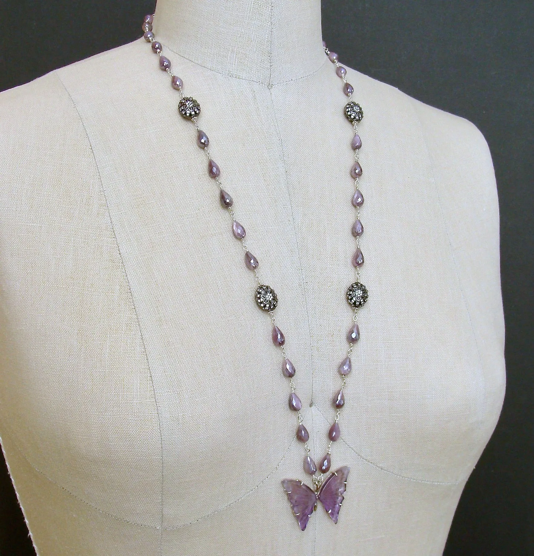 Silverite White Topaz Amethyst Butterfly Necklace - Le Papillon XIII Necklace