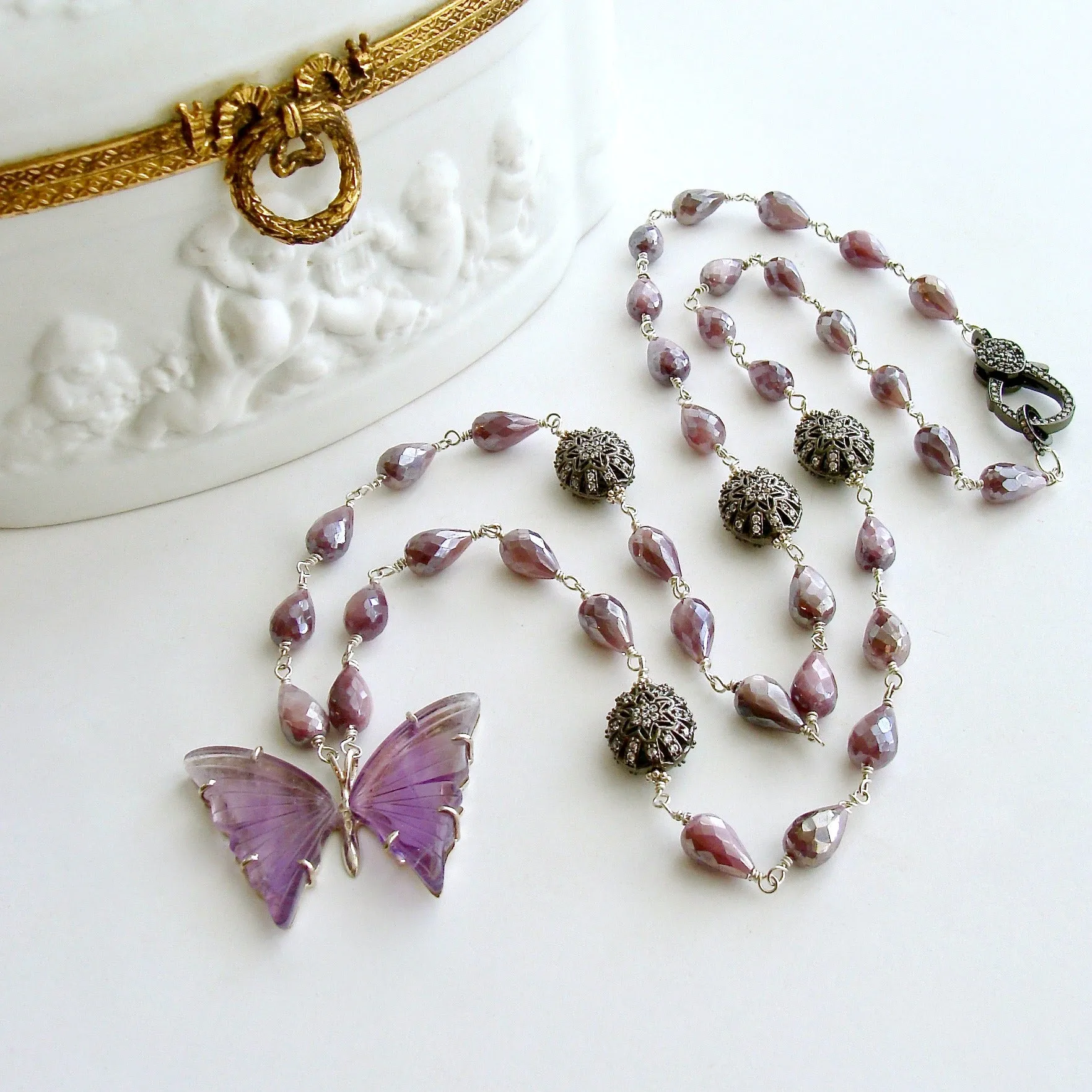 Silverite White Topaz Amethyst Butterfly Necklace - Le Papillon XIII Necklace