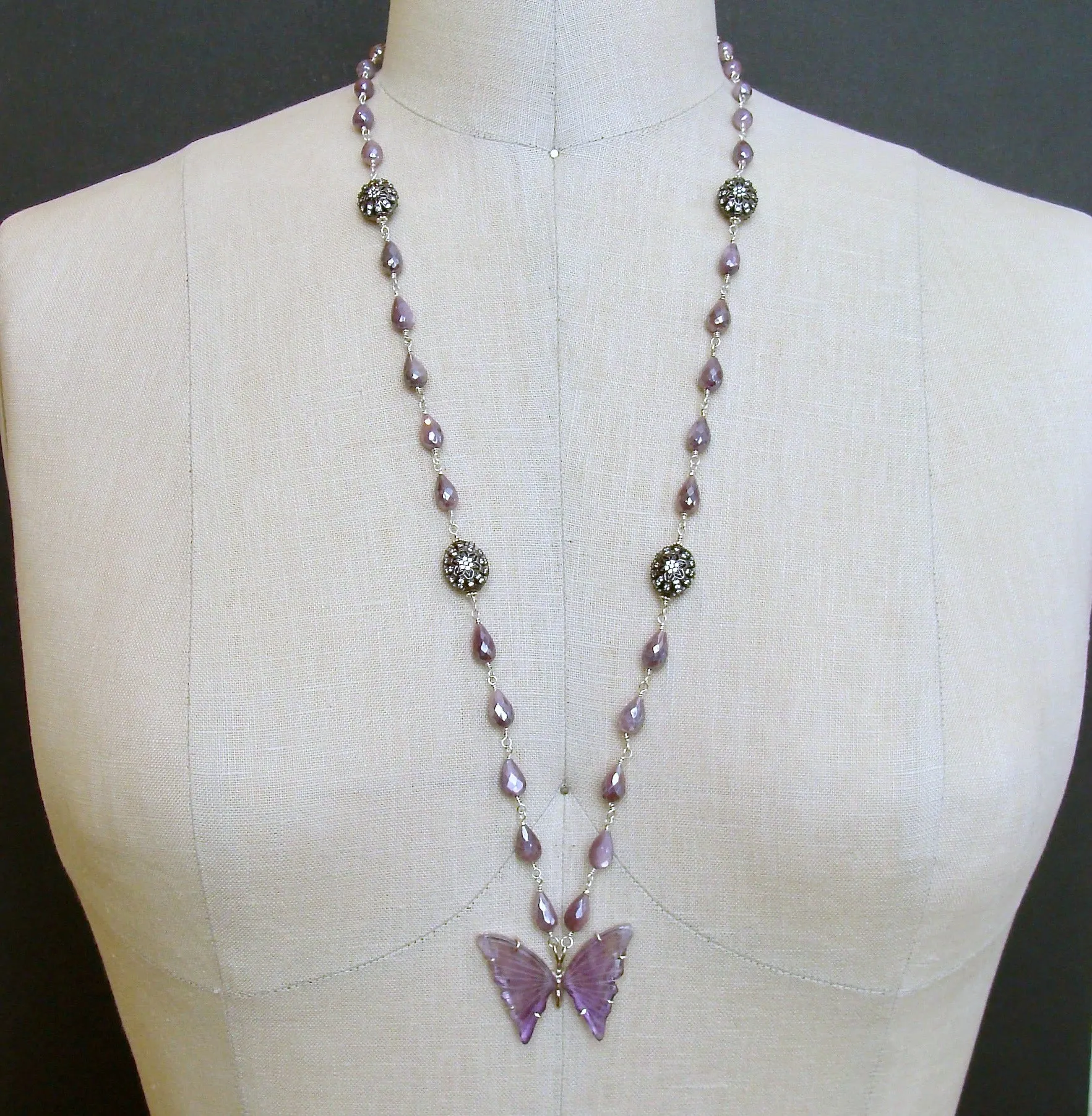 Silverite White Topaz Amethyst Butterfly Necklace - Le Papillon XIII Necklace