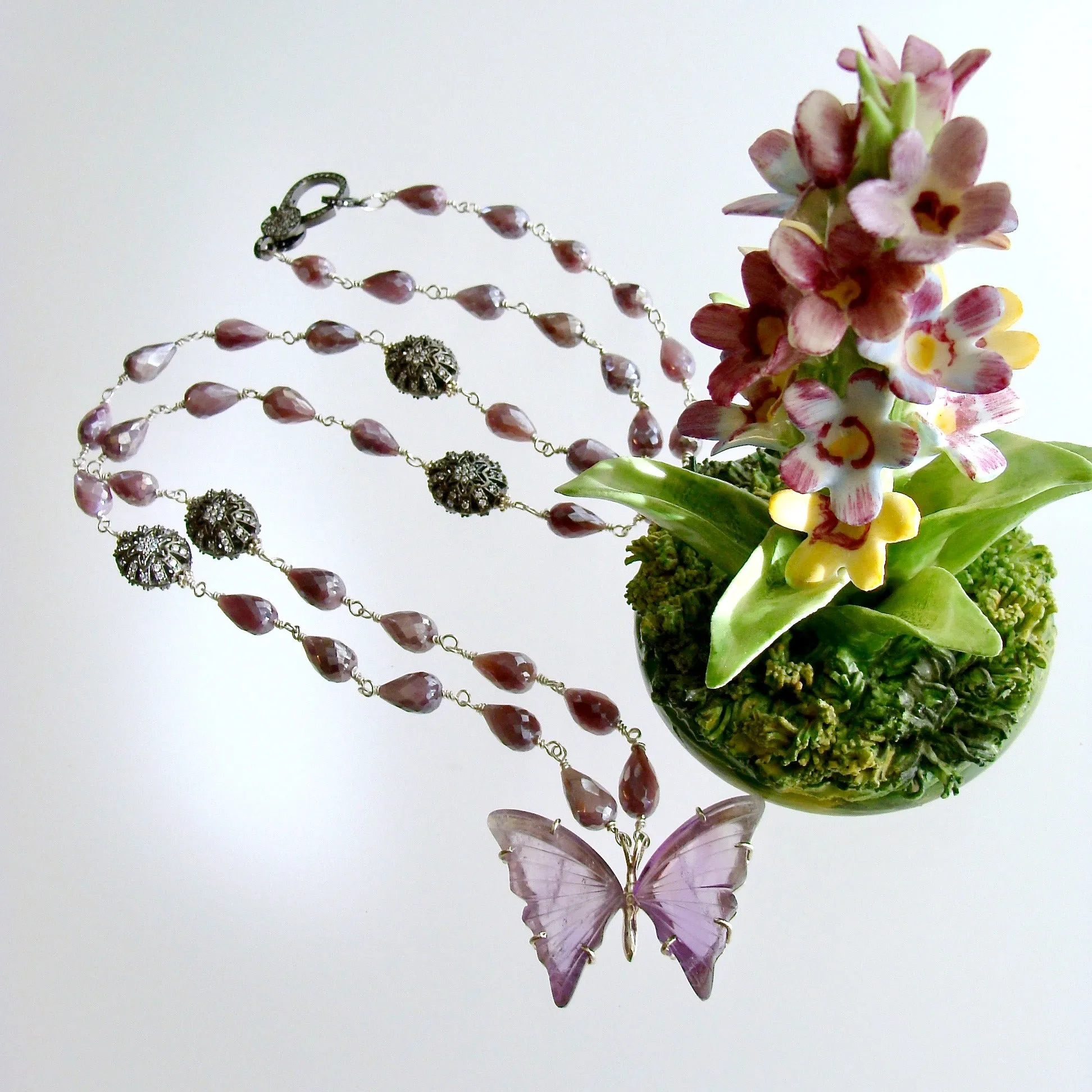 Silverite White Topaz Amethyst Butterfly Necklace - Le Papillon XIII Necklace