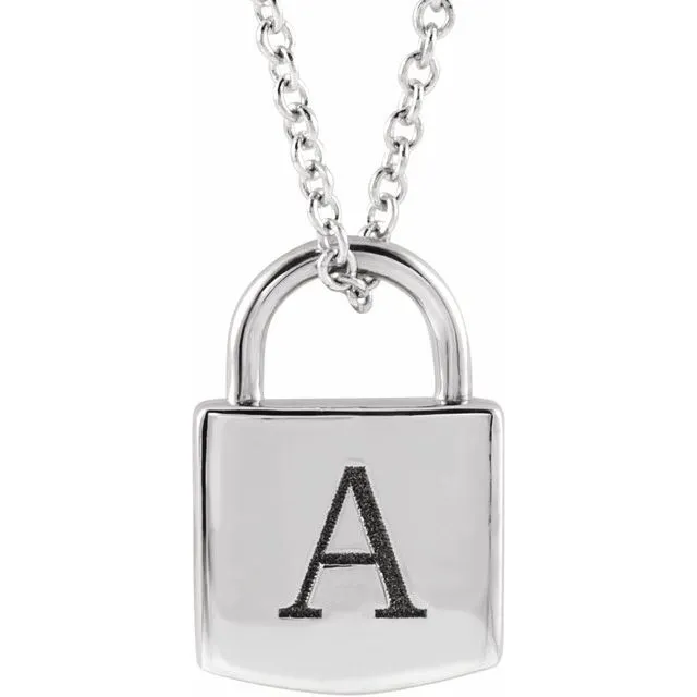 Sterling Silver 12.02x8 mm Engravable Lock 16-18" Necklace