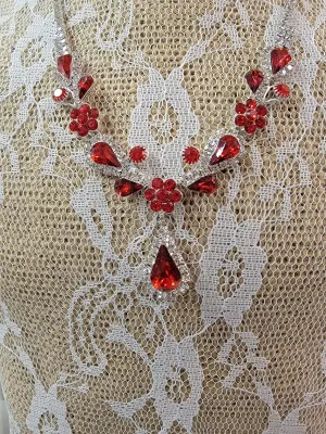 Stunning Red & Silver Bling Holiday Necklace with Earrings