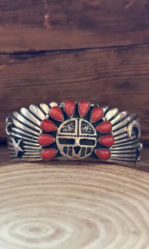 SUN WORSHIP Shakey Silver & Coral Navajo Celestial Cuff