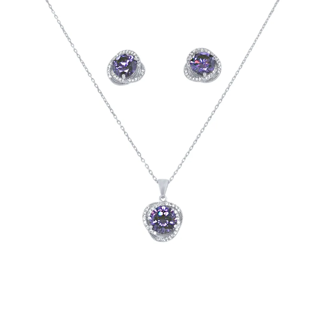 Swirl Stud Earrings and Necklace Set with Cubic Zirconia in Sterling Silver