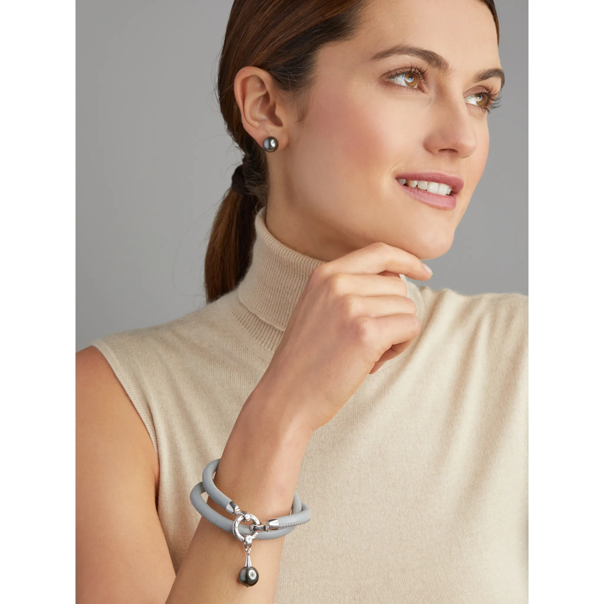 Tahiti Pearl and Leather Bracelet and Necklace