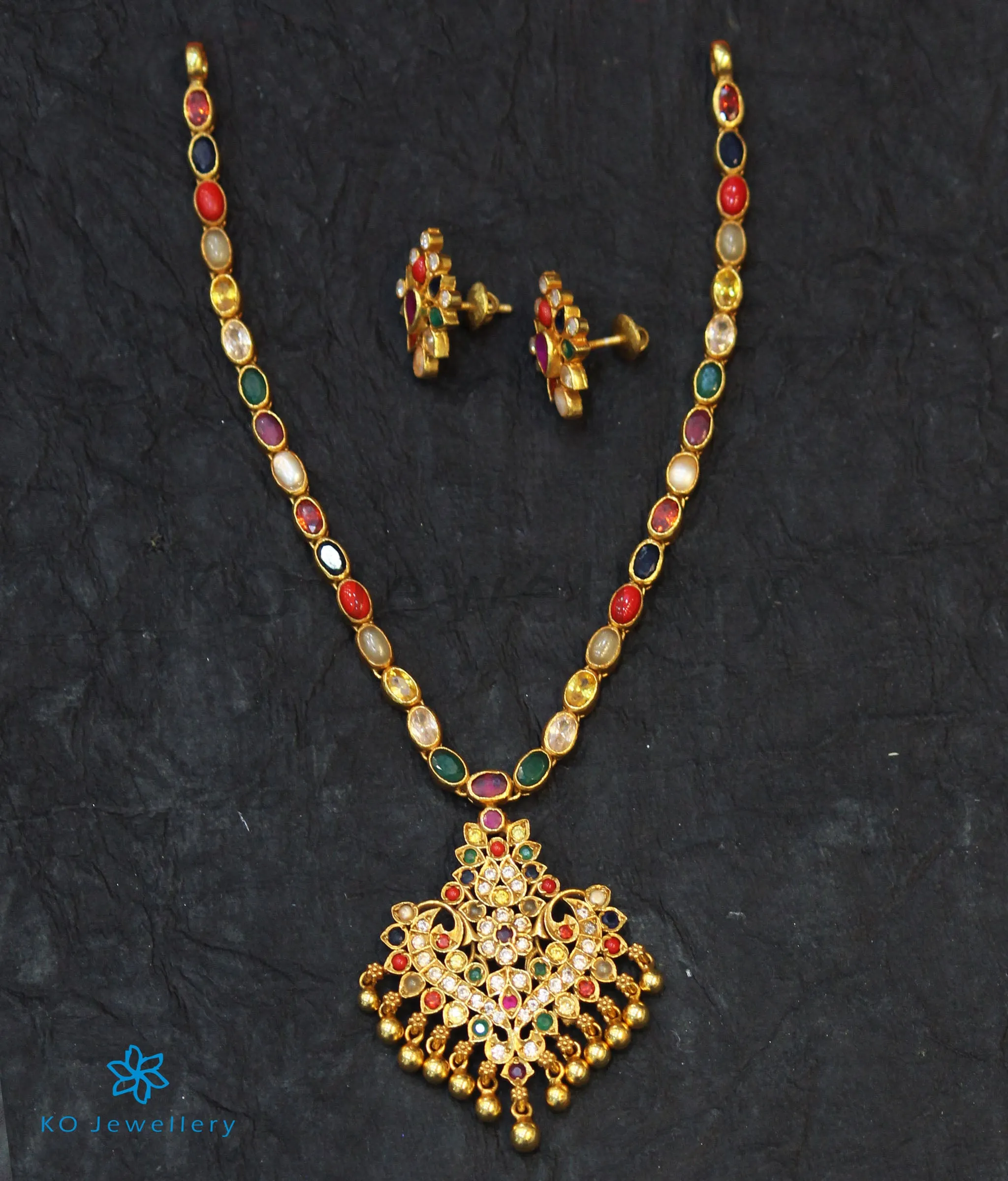 The Anila Silver Peacock Navaratna Necklace