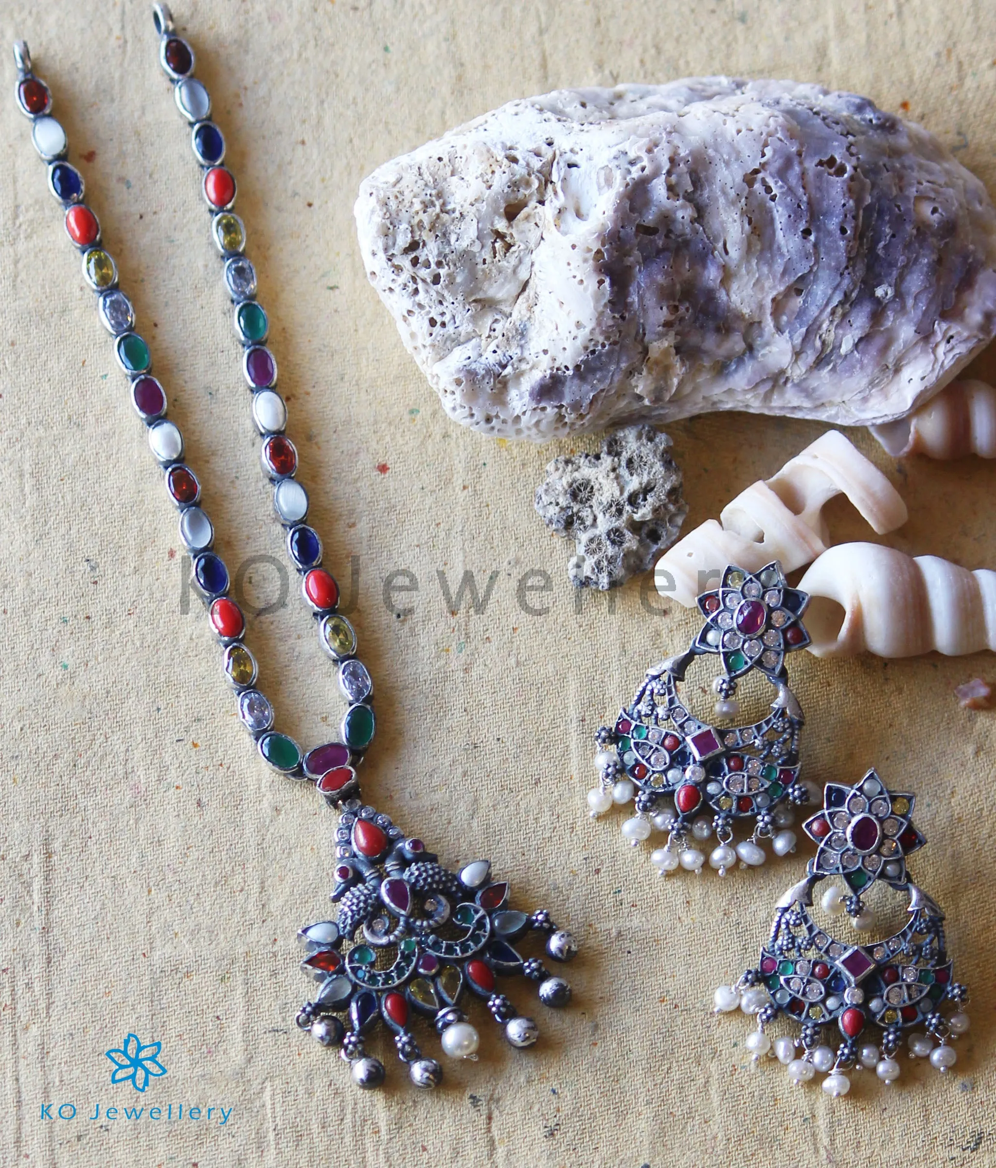 The Sraj Silver Navratna Necklace (Oxidised)