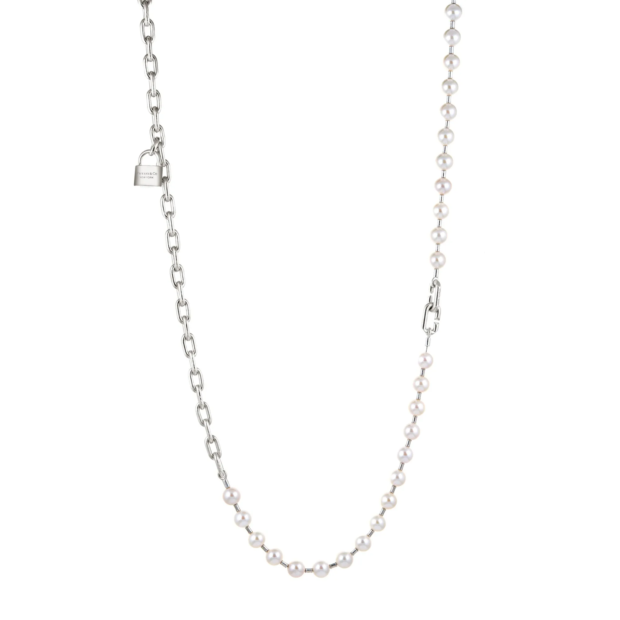 Tiffany & Co HardWear Pearl Lock Necklace Sterling Silver Long 32" Signed