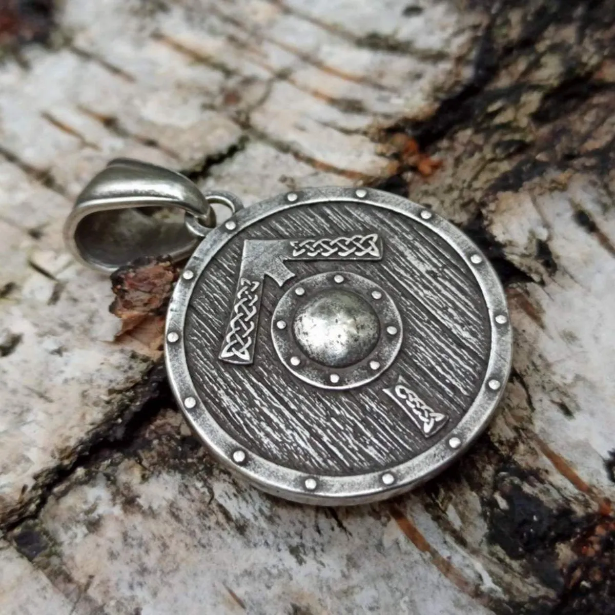 Tiwaz rune on viking shield silver plated pendant