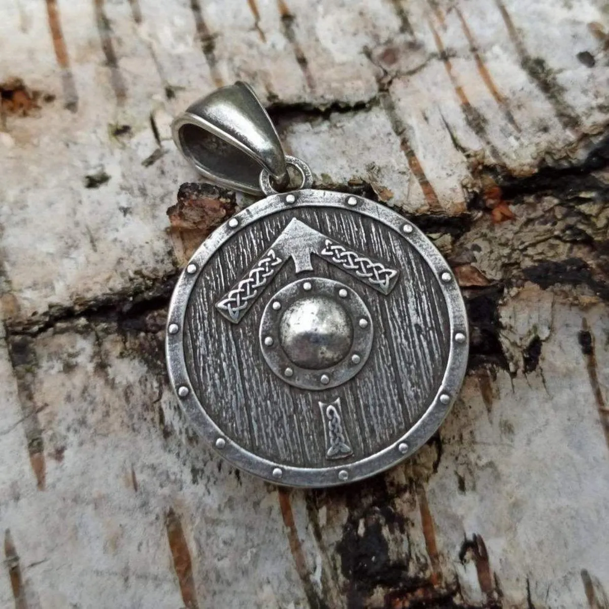 Tiwaz rune on viking shield silver plated pendant