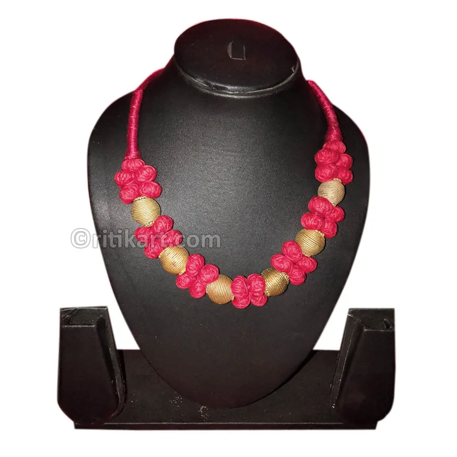 Tribal Dhokra Vessels Embedded in Pink Silk Thread Necklace
