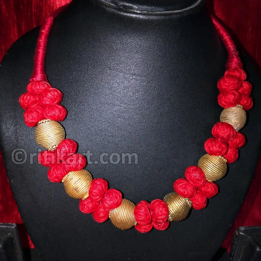 Tribal Dhokra Vessels Embedded in Pink Silk Thread Necklace