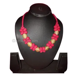 Tribal Dhokra Vessels Embedded in Pink Silk Thread Necklace