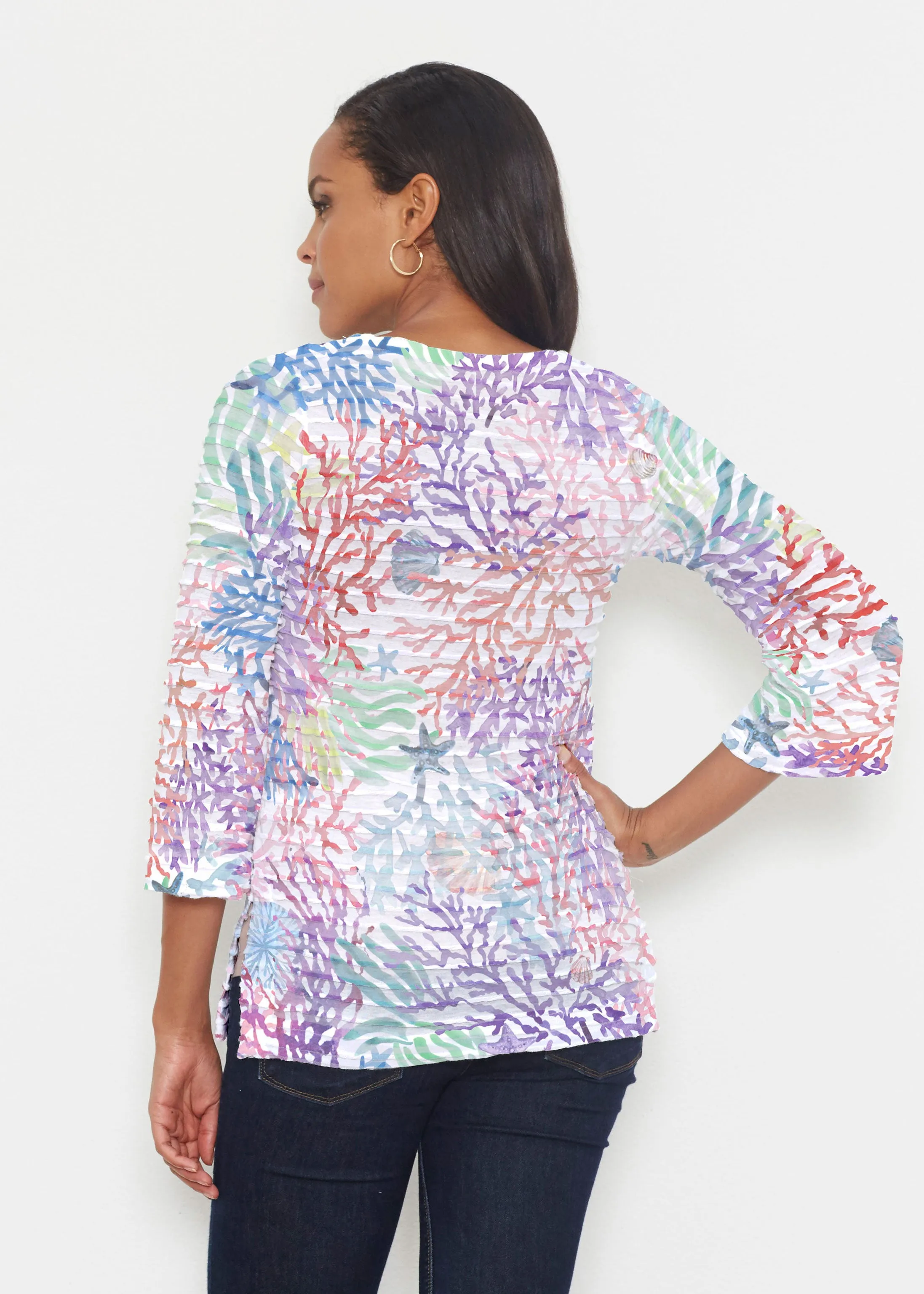 Tropic Coral (8112) ~ Banded 3/4 Bell-Sleeve V-Neck Tunic