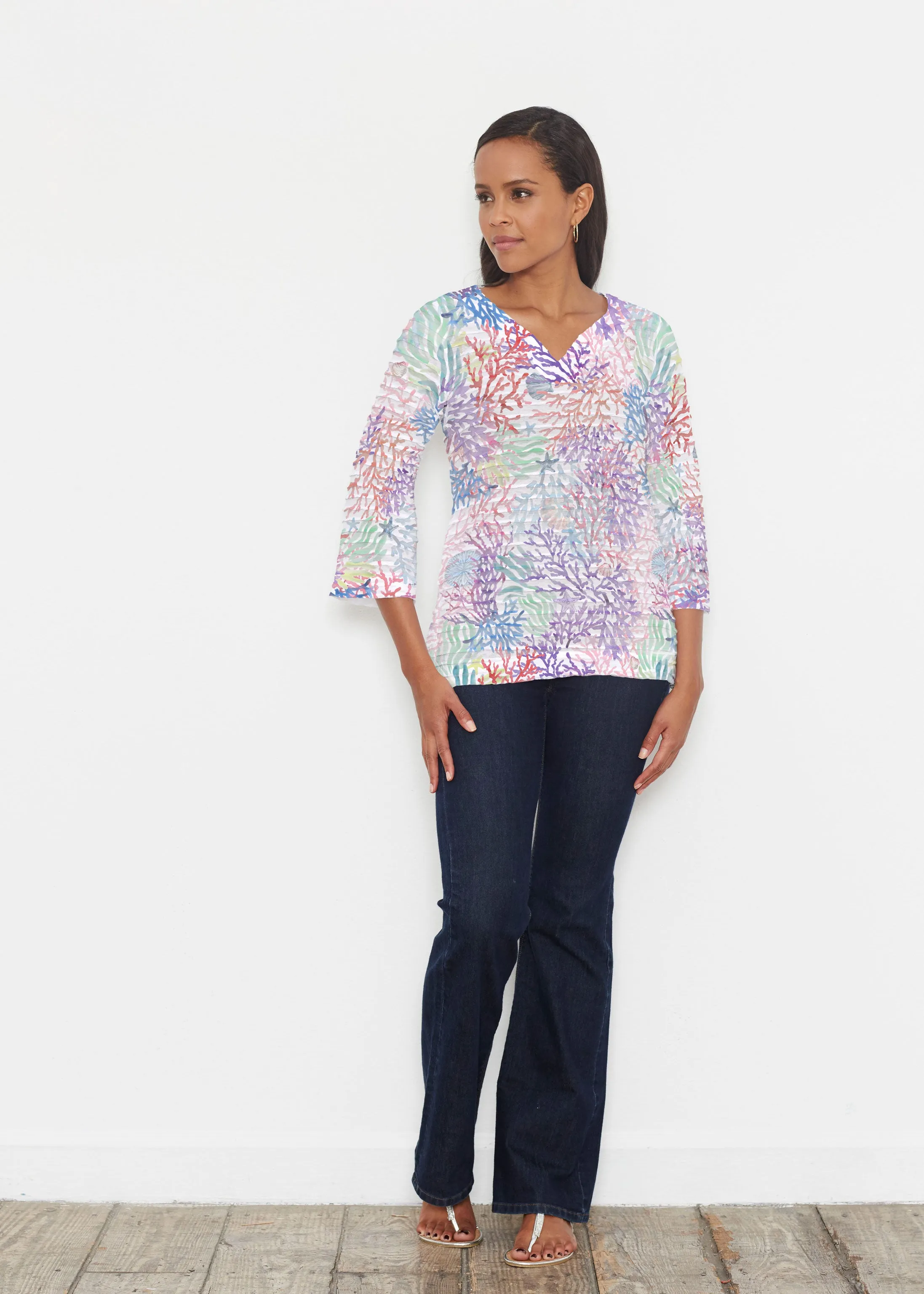 Tropic Coral (8112) ~ Banded 3/4 Bell-Sleeve V-Neck Tunic