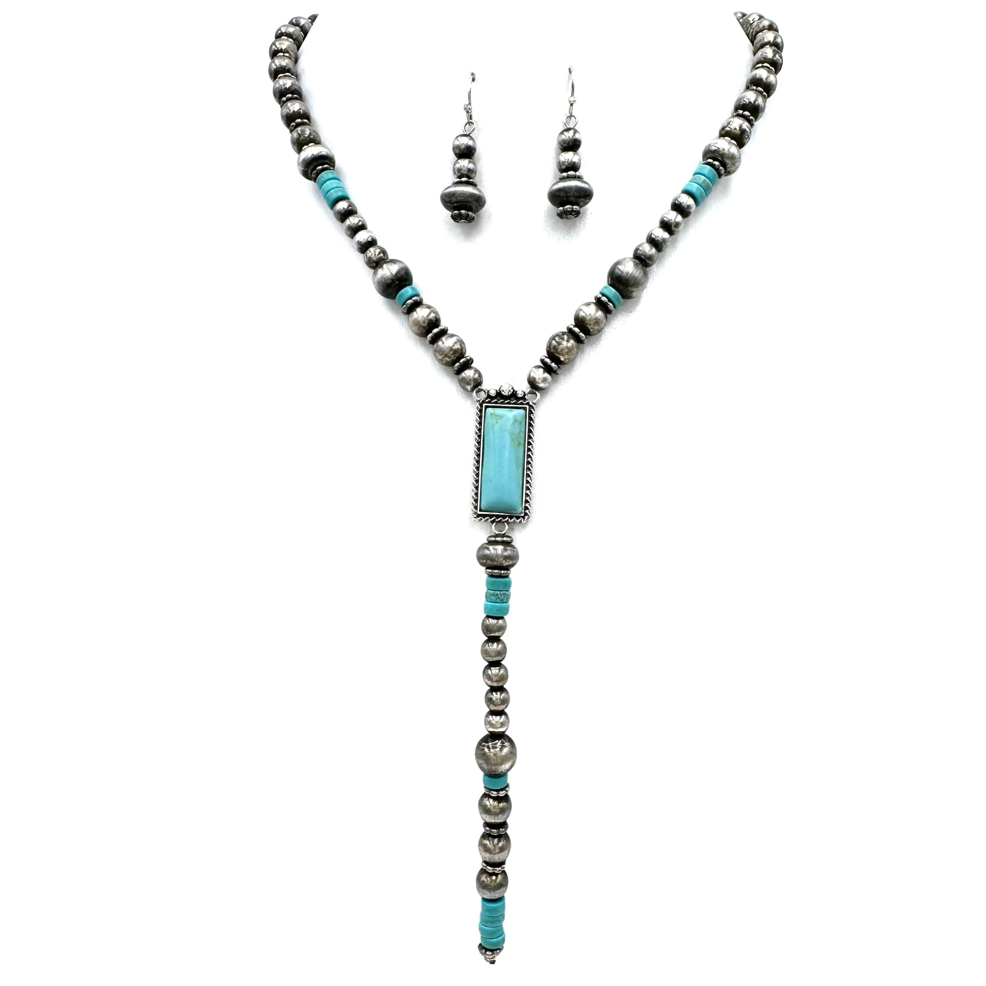 Turquoise Cute Navajo Style Tie Necklace Earrings Set: