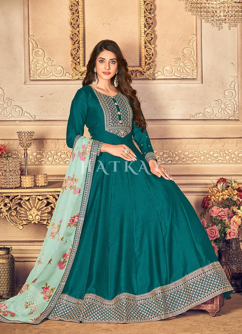 Turquoise Embroidered Silk Anarkali Suit