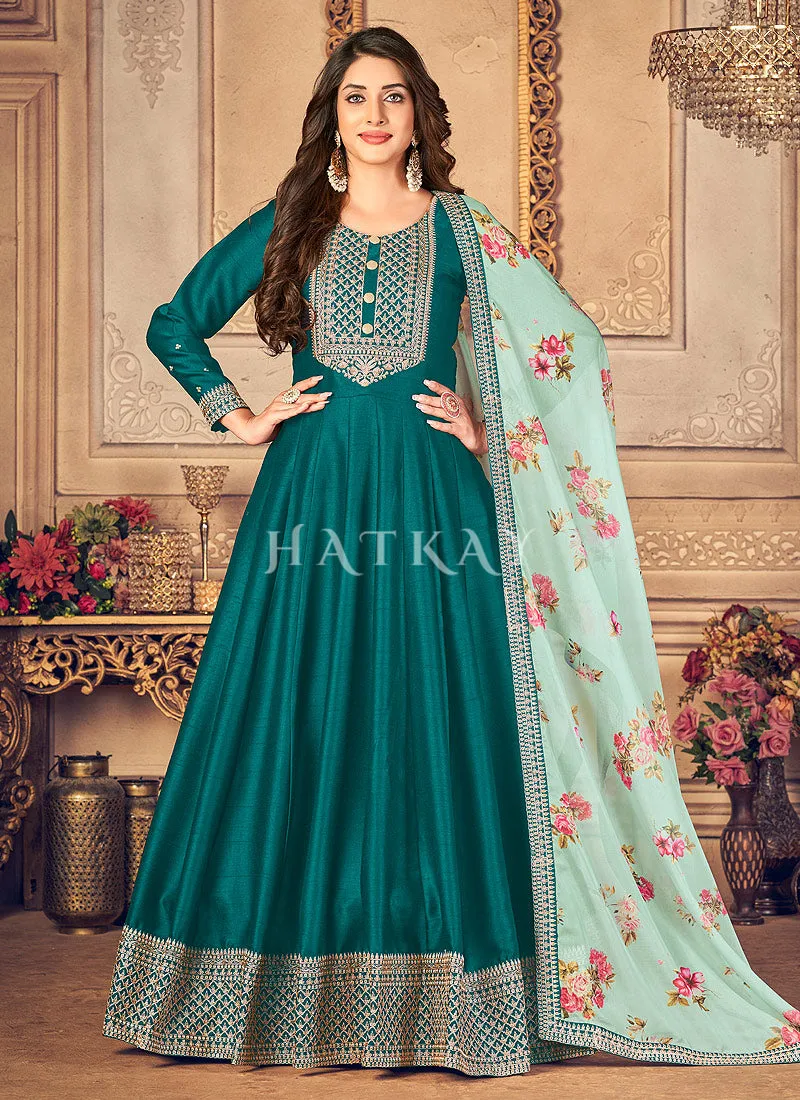 Turquoise Embroidered Silk Anarkali Suit