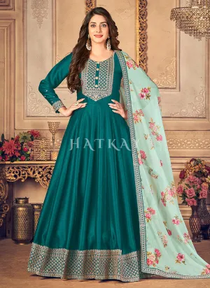 Turquoise Embroidered Silk Anarkali Suit