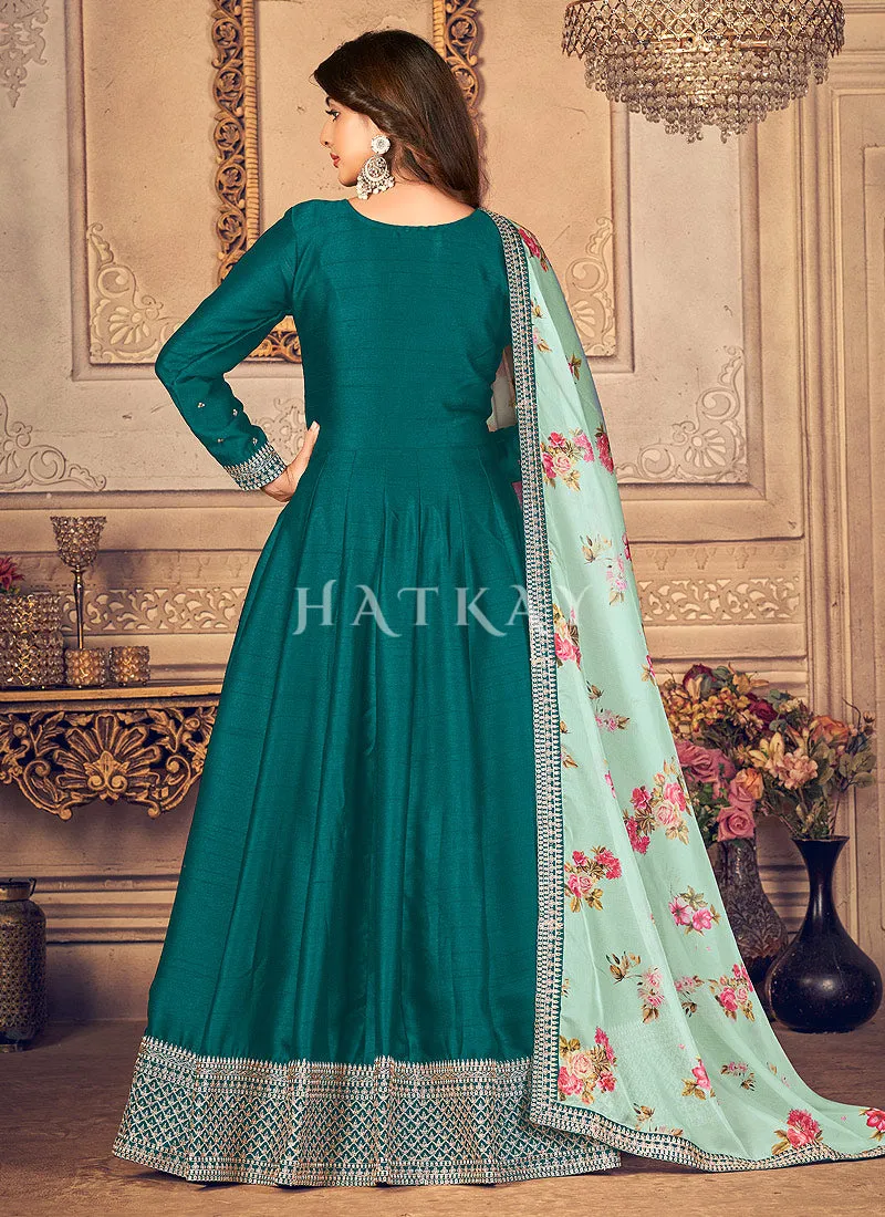 Turquoise Embroidered Silk Anarkali Suit