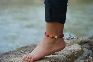 Turtle Multicolor Beaded Boho Silver Anklet