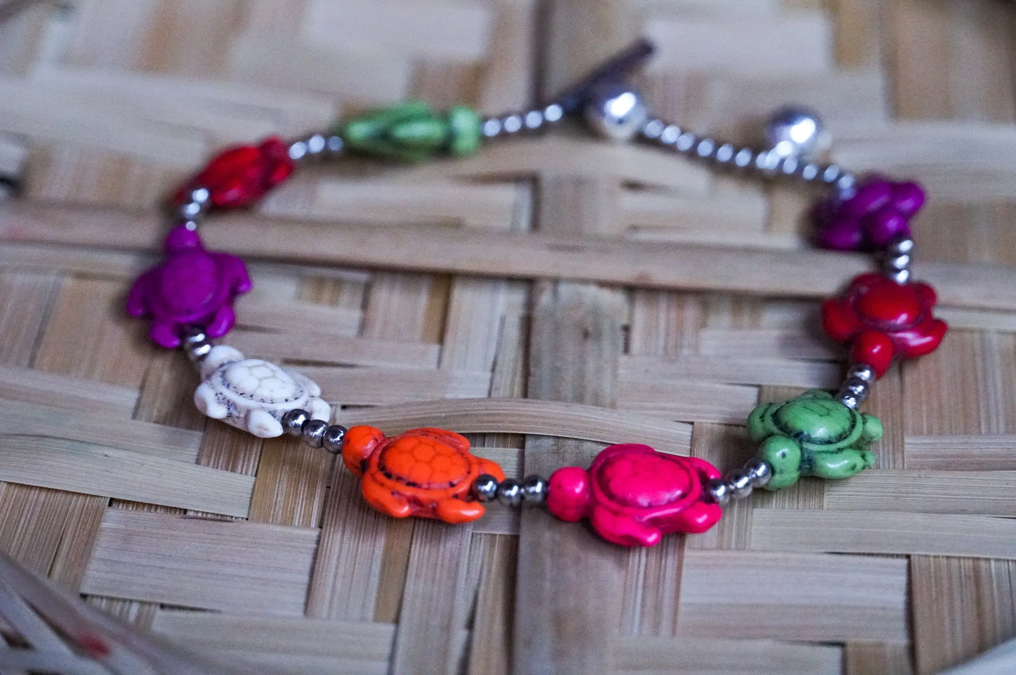 Turtle Multicolor Beaded Boho Silver Anklet