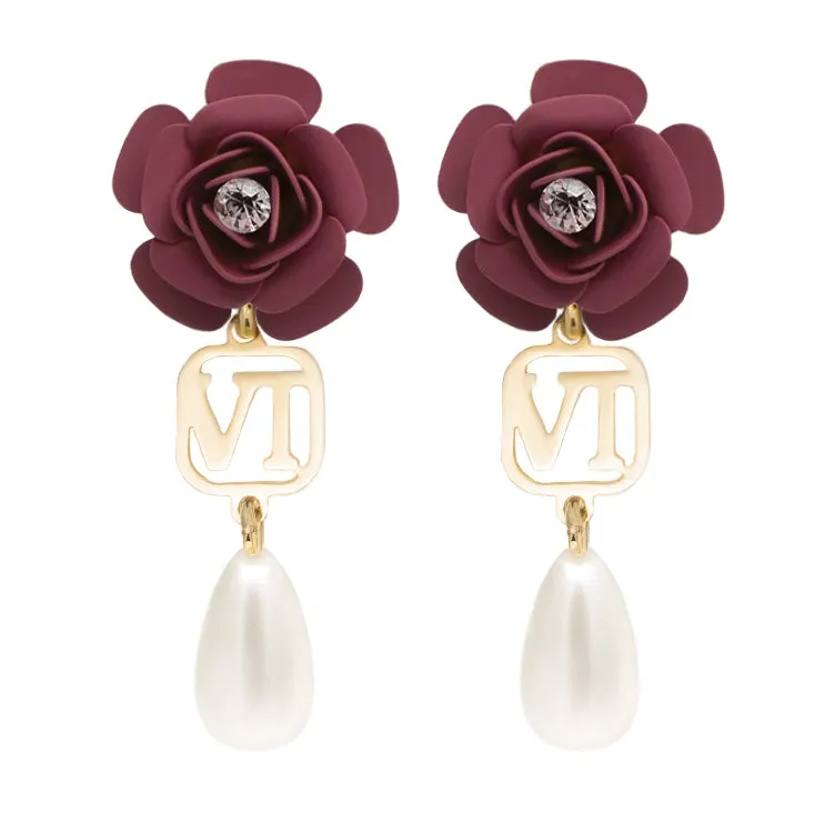 Tuscany Grape Purple Camellia Dangle Earrings with Pearl Drop Charm - Silk Effect