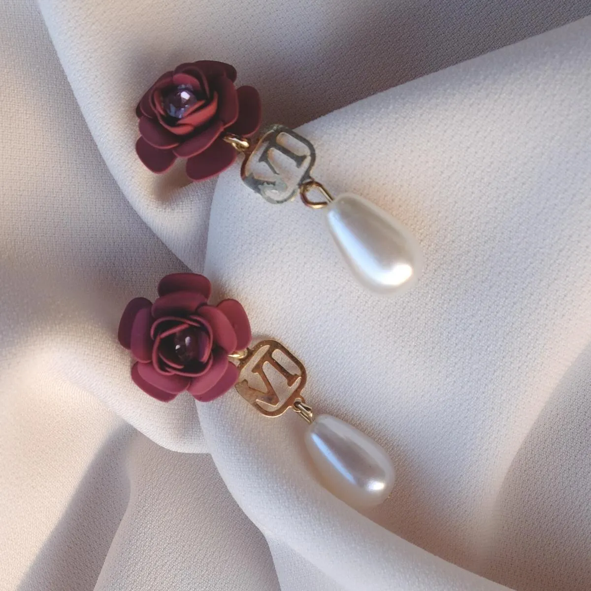 Tuscany Grape Purple Camellia Dangle Earrings with Pearl Drop Charm - Silk Effect