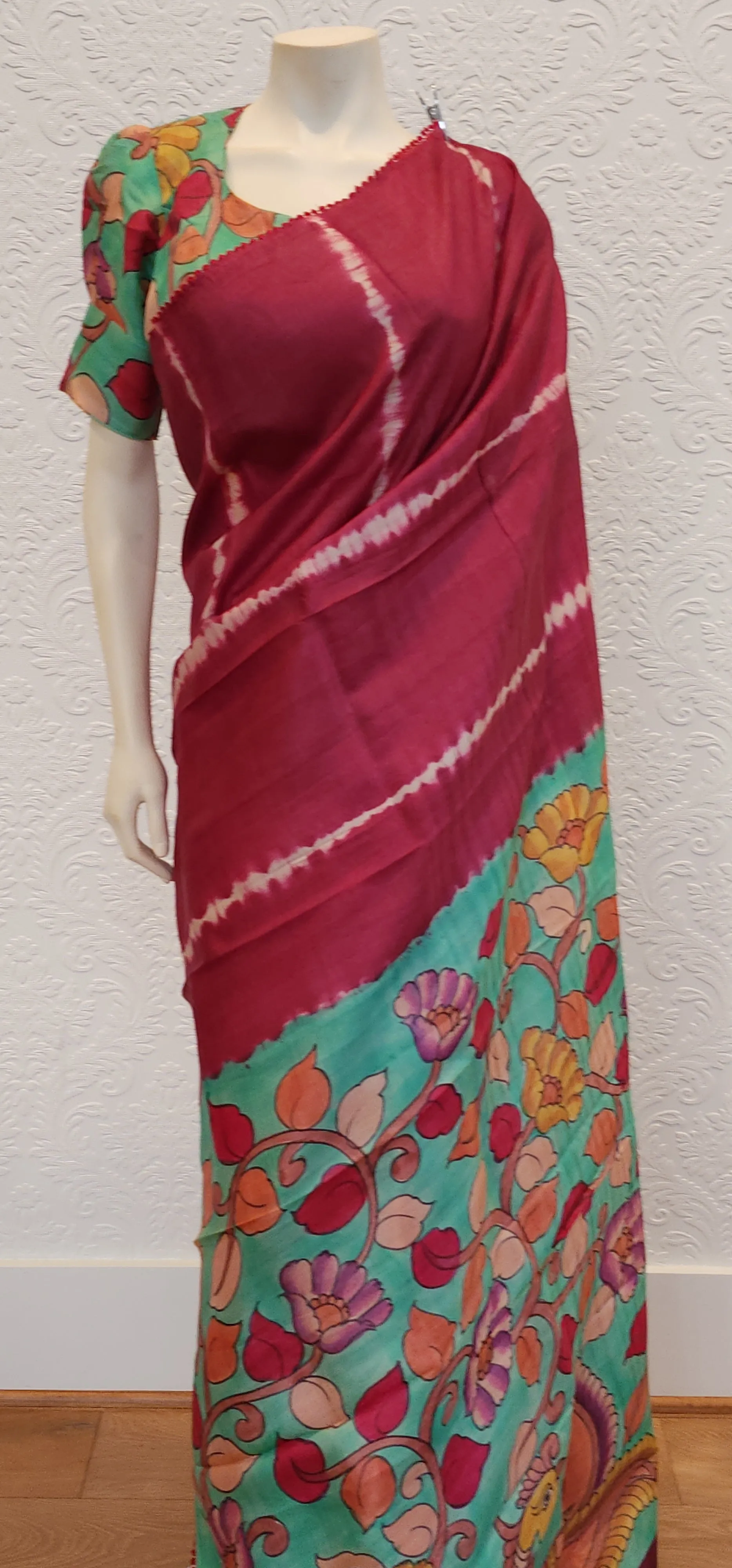 Tussar Saree With Kalamkari Pallu and Blouse.