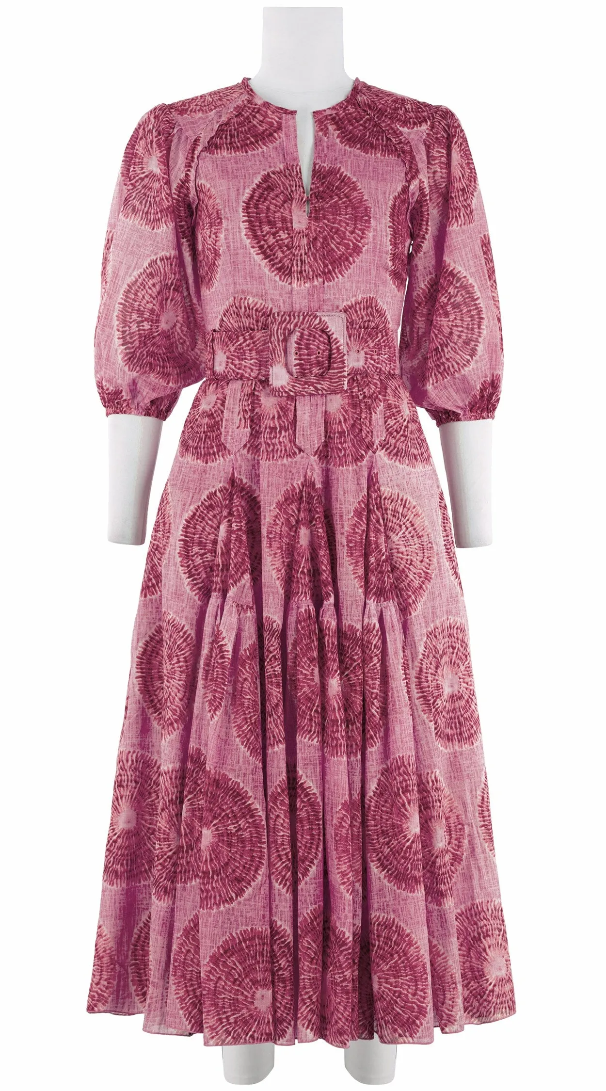 Vera Dress Crew Slit 3/4 Puff Sleeve Midi Plus Length Cotton Musola (Shibori Seagrass)