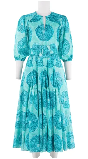 Vera Dress Crew Slit 3/4 Puff Sleeve Midi Plus Length Cotton Musola (Shibori Seagrass)