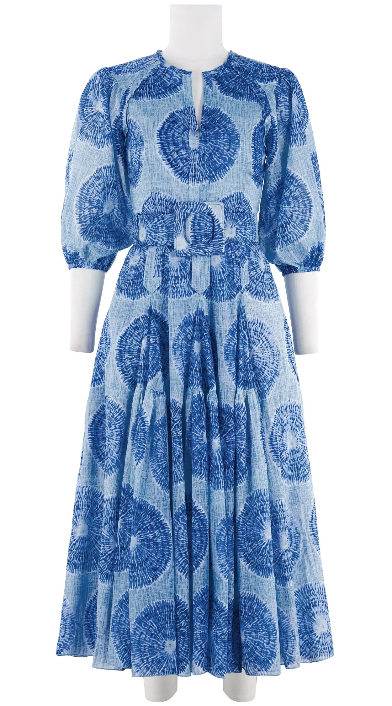 Vera Dress Crew Slit 3/4 Puff Sleeve Midi Plus Length Cotton Musola (Shibori Seagrass)
