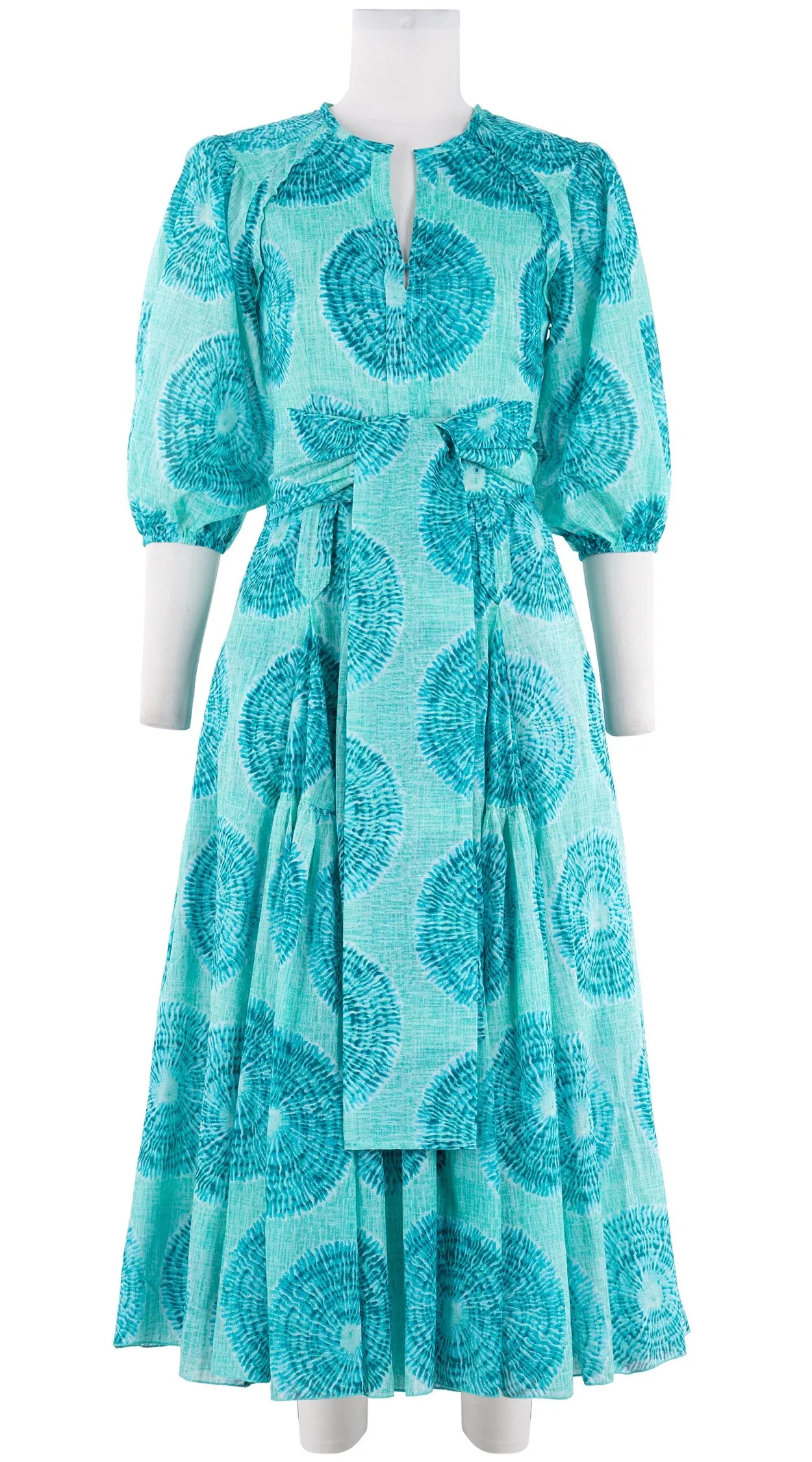 Vera Dress Crew Slit 3/4 Puff Sleeve Midi Plus Length Cotton Musola (Shibori Seagrass)