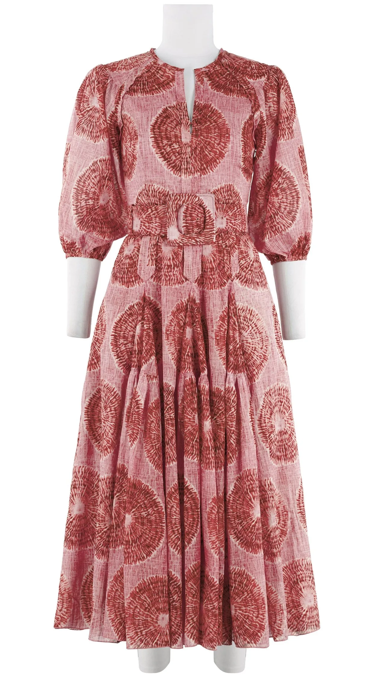Vera Dress Crew Slit 3/4 Puff Sleeve Midi Plus Length Cotton Musola (Shibori Seagrass)