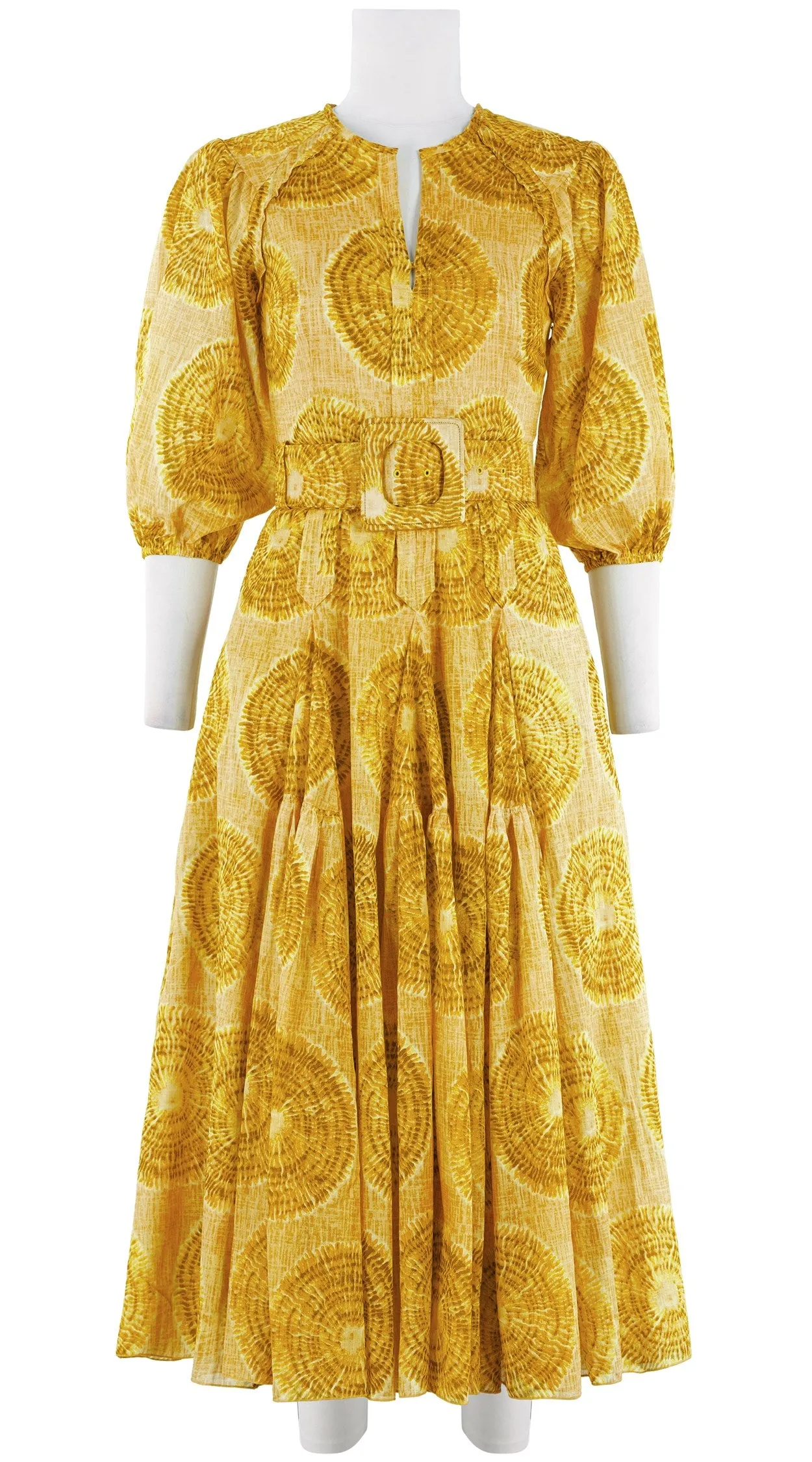 Vera Dress Crew Slit 3/4 Puff Sleeve Midi Plus Length Cotton Musola (Shibori Seagrass)
