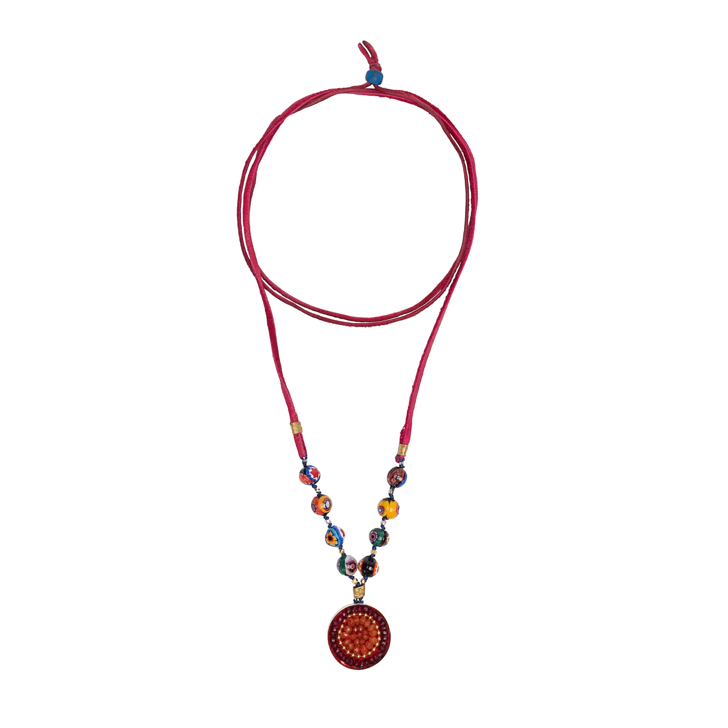 Wanderlust Murano Millefiori glass on leather with garnet and carnelian mosaic pendant (Murano)